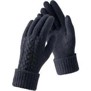 Women Black Folding Cuff Touchscreen Soft Skin-Friendly Jacquard Knit Warm Glove